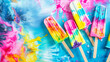 Colorful ice pops on a vibrant, swirling blue and pink background, evoking a playful and refreshing summer vibe.