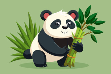 Aufkleber - Cartoon panda sitting and holding bamboo stalks on a blue background.