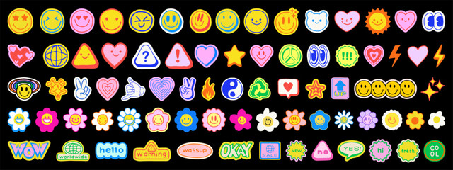 Poster - Cute Hand Drawn Elements Vector Set of Smile Signs Flower Groovy Emoticons. Funny Character Doodles. Y2k Cool Graphics.