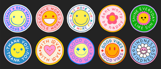 Poster - Cool Hand Drawn Groovy Stickers Set. Collection Of Sketched Y2k Smile Patches. Pop Art Funny Badges.