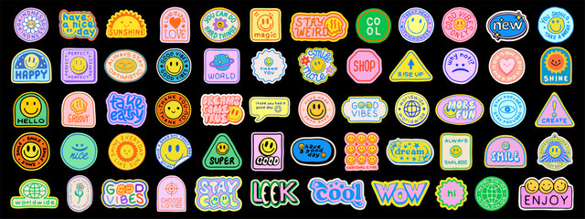 Poster - Cute Hand Drawn Y2k Patches Set Vector Design. Collection Of Cool Smile Positive Stickers. Pop Art Labels.