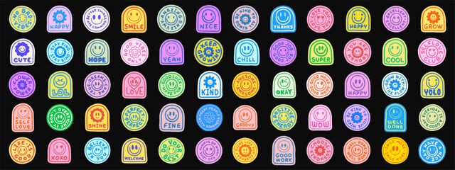 Aufkleber - Cool Hand Drawn Retro Stickers Vector Design. Set Of Y2k Patches Pop Art Style. Smile Emoticon Funny Badges.