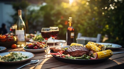 Backyard dinner table have a tasty grilled BBQ meat, Salads and wine with happy joyful people on background