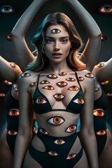 Poster - A woman in a swimsuit with eyes all over her body, AI