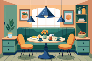 Aufkleber - dining nook in vintage-style kitchen with a window mountains. The scene includes a round table set for two, surrounded by a curved bench and two chairs, various hanging lamps, and multiple plants