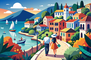 Aufkleber - Colorful, stylized illustration of three people walking along a coastal pathway in a Mediterranean village, with houses, a lighthouse, and mountains in the background.