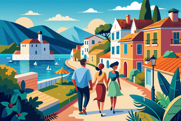 Aufkleber - Colorful, stylized illustration of three people walking along a coastal pathway in a Mediterranean village, with houses, a lighthouse, and mountains in the background.