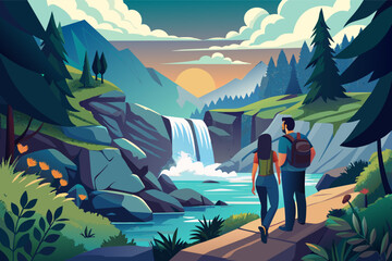 A couple hiking near a scenic waterfall with a view of mountains and a setting sun in the background, surrounded by lush green forest.