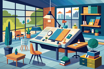 Poster - Colorful illustration of a well-organized artist's workspace with a large drafting table, supplies, and plants in a room with large windows showing a cityscape.