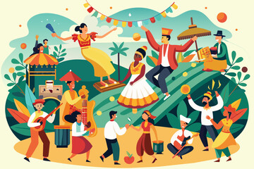Poster - Colorful illustration of a vibrant outdoor festival with diverse people dancing, playing musical instruments, and enjoying various cultural activities.