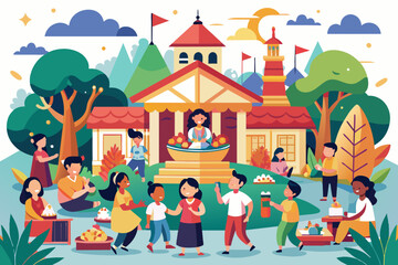 Wall Mural - People paying music behind a temple and dancing in festive time illustration