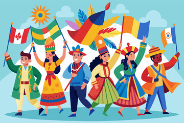 group of people in traditional and ceremonial attire from various cultures, parading through a vibrant village with flags and decorative elements, set against a backdrop of mountains and a sunny sky.