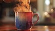 Animate a coffee mug gradually changing color with heat-sensitive properties. As hot coffee is poured, watch the color transform and steam rise, indicating it's fully 