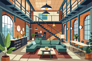 Poster - modern loft living room with exposed brick walls, large windows, and a high ceiling. The room features a green sectional sofa, various plants, a geometric coffee table, and stylish lighting fixtures.
