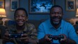 Happy father and son playing video game on sofa