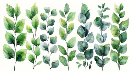Wall Mural - A watercolor botanical element modern collection of branches with eucalyptus leaves, flowers, and gold line art. This is an elegant collection for weddings, invitations, decorations, and cards.