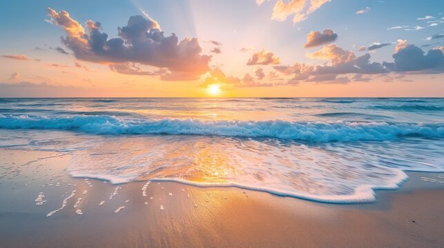 A beautiful sunrise over a sandy beach with waves gently crashing and clouds scattered across the sky
