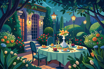 Wall Mural - illustration of an outdoor dining scene at night, featuring a table set with various dishes and candles, surrounded by lush flowers and greenery, with a view of a stone tower and the moonlit sky.