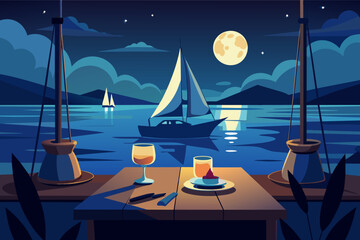 Illustration of a romantic evening scene with a table set for two, featuring two glasses of wine and a small plate of dessert, overlooking a tranquil lake with sailboats under a moonlit sky.