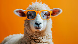 Fototapeta Tęcza - Funny sheep in sunglasses in trendy style on orange background. Portrait pet summer, generated AI