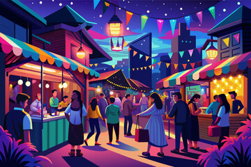 Leinwandbilder - illustration urban night market scene with multiple stalls and diverse people shopping and interacting under neon lights, with skyscrapers in the background and a crescent moon in the sky