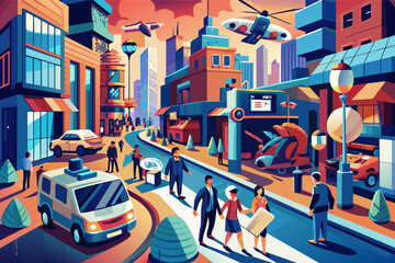 Poster - Illustration of a vibrant cityscape with futuristic elements, featuring people walking, an autonomous car, and a flying vehicle overhead, all set against modern buildings and a clear blue sky.