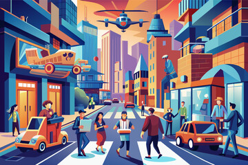 Illustration of a vibrant cityscape with futuristic elements, featuring people walking, an autonomous car, and a flying vehicle overhead, all set against modern buildings and a clear blue sky.