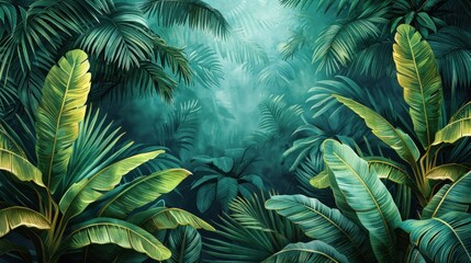 Wall Mural - Illustration of tropical wallpaper tropical flowers, palm leaves