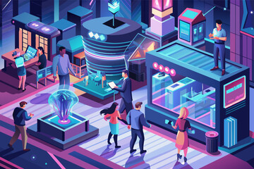 Aufkleber - A vibrant futuristic cityscape at night with neon lights, featuring people interacting around high-tech street stalls and holographic displays, set against a backdrop of towering skyscrapers.