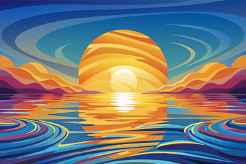 Poster - Stylized illustration of a sunset with a large, glowing sun setting over a body of water, reflecting vivid orange and yellow light. The background features rolling hills or mountains with a dynamic