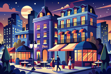 Aufkleber - Illustration of a vibrant cityscape at night featuring a decorative three-story building in the center, surrounded by taller buildings and trees, with street lamps glowing and stars in the sky.