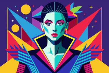 Poster - Colorful geometric illustration of a woman with dark hair and striking makeup, set against a vibrant abstract background featuring stars, circles, and angular shapes in a spectrum of blues