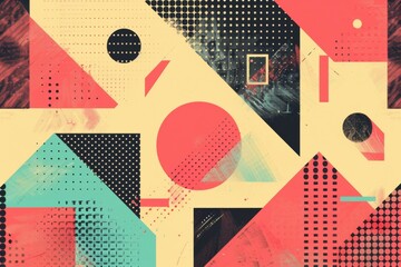 Wall Mural - A colorful abstract design with squares and circles. Risograph effect, trendy riso style