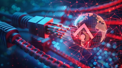 Aufkleber - Futuristic Data Streaming with Fiber Optic Cables and Global Network Concept. High-speed Internet Technology Representation. Vibrant Digital World Illustration. AI