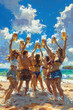 A group of people are standing on a beach, holding up beer glasses