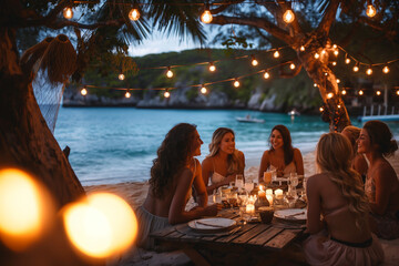 A group of women are sitting around a table on a beach, enjoying a meal together