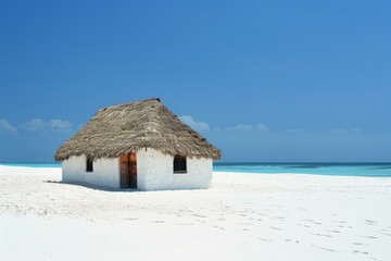 Poster - A small hut on a white sandy beach with a blue sky. Generative AI.