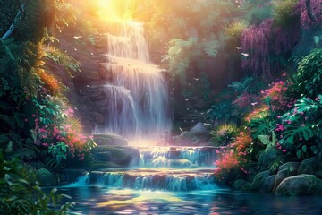 Wall Mural - enchanting waterfall cascading through lush vibrant wilderness at sunrise digital painting
