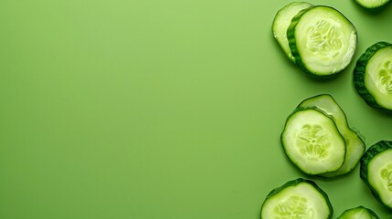 Wall Mural - sliced ​​cucumber on a green background, free space on the left 