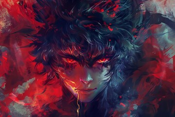 fierce anime male character with demonic oni face evil glowing eyes digital painting portrait