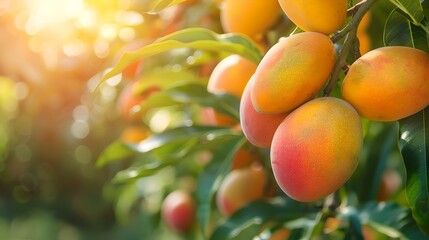 Canvas Print - Sun-kissed ripe mangoes hanging on a tree, vibrant colors of nature. Fresh tropical fruit in natural setting, perfect for food and agriculture themes. AI