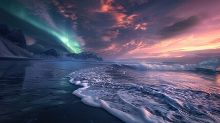 Wall Mural - Northern Lights - Aurora Boreal above big glacier at Iceland, Europe.Render creation of dramatic seascape with waves during sunset.

