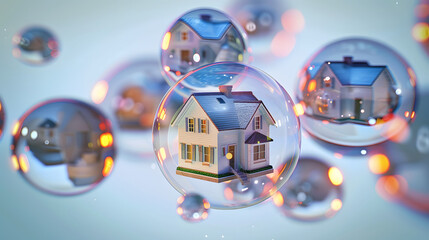 Poster - Houses inside floating bubbles. Real estate bubble concept. 3D illustration