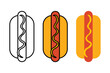 Cartoon hot dog with mustard. Fast food hot dog icon set. Vector illustration isolated on white background.
