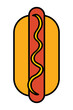 Cartoon hot dog with mustard. Fast food hot dog flat icon. Vector illustration isolated on white background.