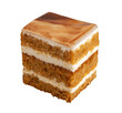 Square sponge cake isolated, carrot tart, layered mirror glaze cake with white cream, homemade dessert