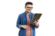 © muse studio - A man consultant with glasses uses a tablet, online work in an application, cut isolated