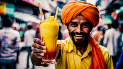 A man in orange turban holding a drink with straw, AI