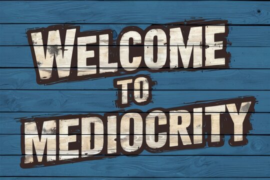A blue painted wood sign with the words welcome to mediocrity, AI