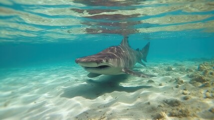 Wall Mural - Horn Shark Glides Gracefully Over Sandy Seabed in Clear Blue Waters Under Bright Sunlight